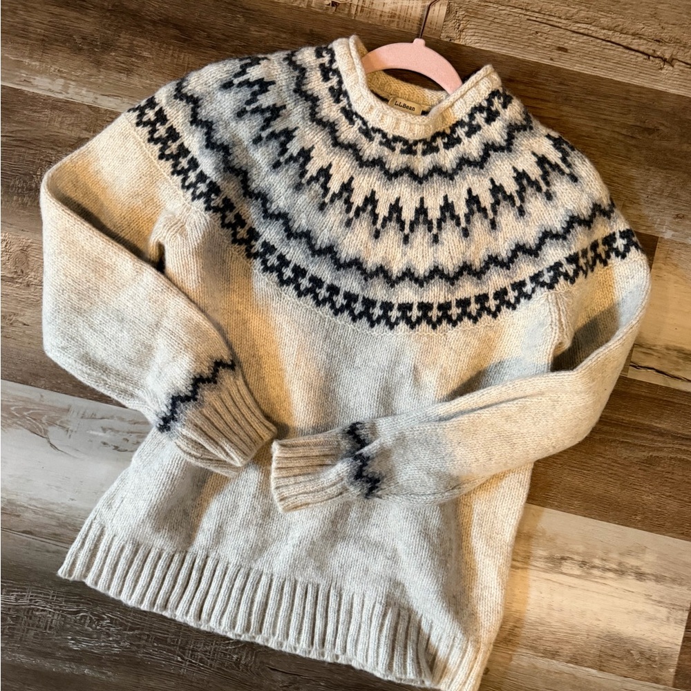 L.L.Bean Fair Isle Ski Wool Blend Sweater Nordic Black Grey Crewneck Size M